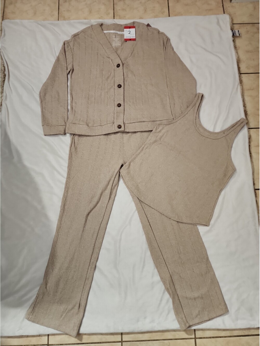 Live 2 Lounge 3pc Lounge Set M Beige Cable Knit Cardigan Tank Pants